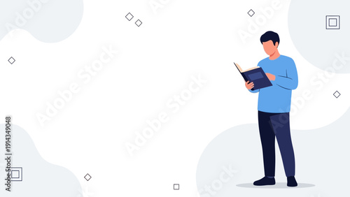 Man Reading Book Standing Flat Illustration
