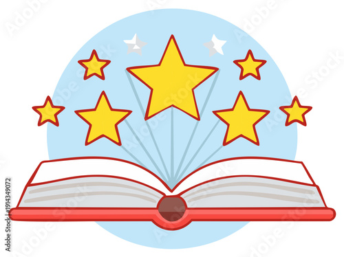 Open book radiating stars with light blue background promoting learning, education and achievements