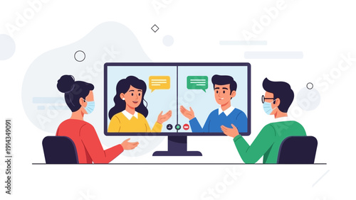 Video conference with masks, remote team meeting, online communication, business concept