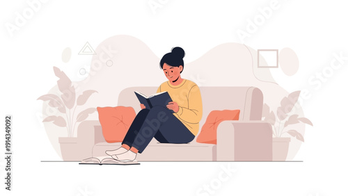 Young woman relaxing on sofa reading book, cozy home interior, lifestyle illustration
