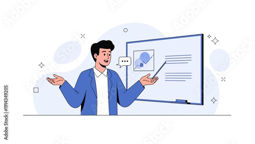 Man presenting on whiteboard, business meeting, online education, teaching concept