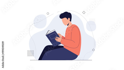 Young man reading a book, illustration, flat design, education concept
