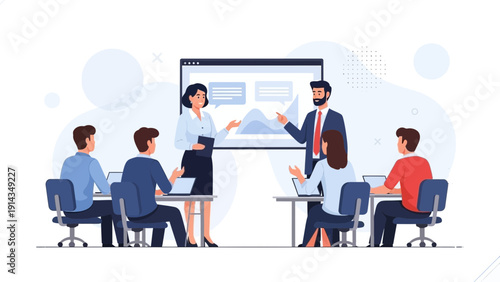 Business meeting and presentation with charts on screen, teamwork concept