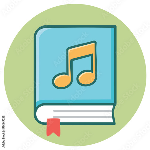 Cartoon style music book illustration featuring a prominent orange musical note and a red bookmark