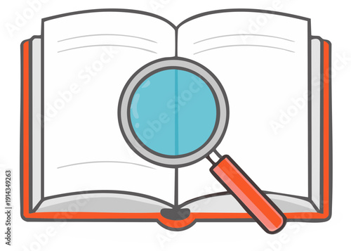 Magnifying glass over open book, concept of research, learning, and discovery