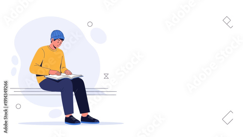 Young man in beanie drawing in sketchbook, creative hobby, illustration