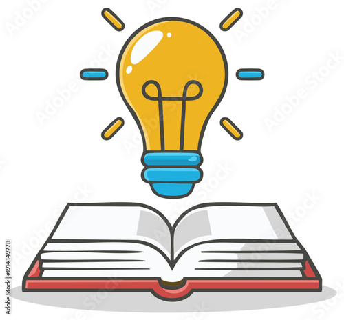 Bright idea light bulb above open book for learning and knowledge concept illustration