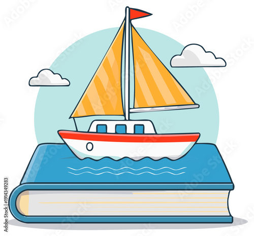 Journey of knowledge and imagination depicted by a sailboat on a large hardcover book