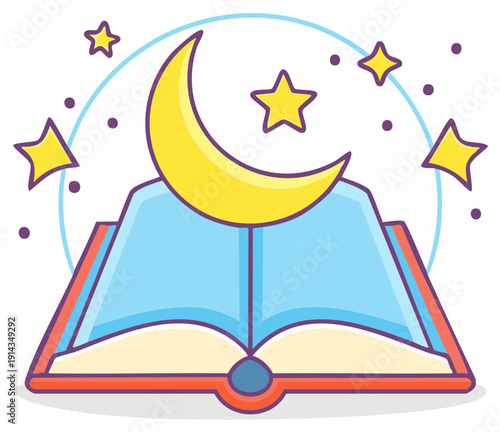 Magical Book Illustration with Crescent Moon and Stars Icon for Storytime