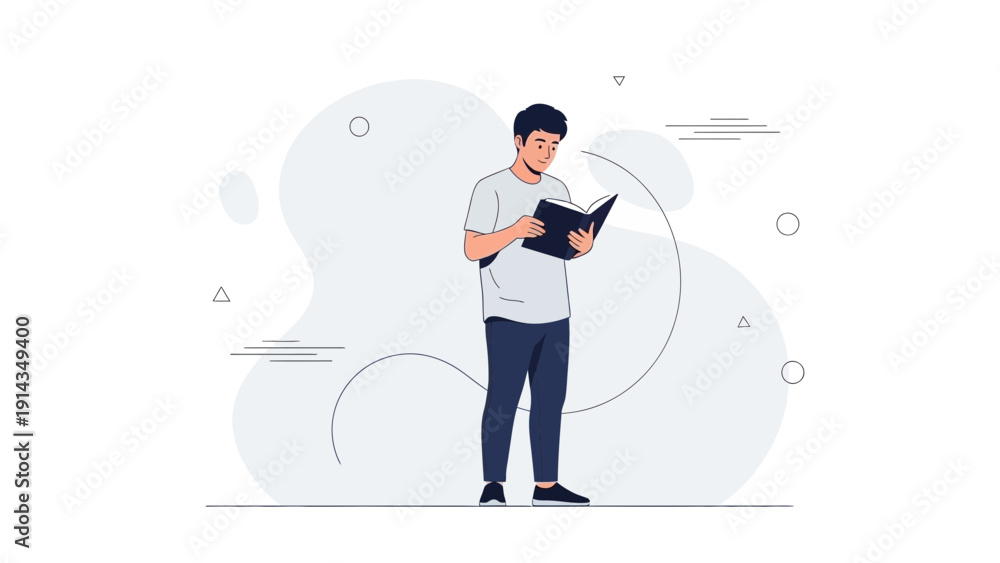 Fototapeta premium Young Man Reading Book Outdoors, Minimalist Flat Illustration