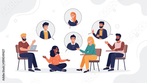 Diverse group of people collaborating online, remote teamwork, virtual meeting concept