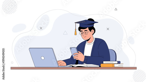 Student Graduation Cap Laptop Phone Online Learning Education Concept