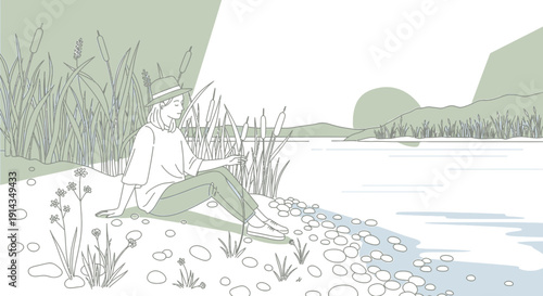 Woman Relaxing by Lakeside, Nature Landscape, Peaceful Summer Day