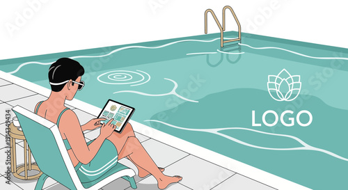 Woman Relaxing by Pool with Tablet, Freelance Work, Summer Vacation