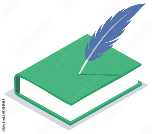 Isometric vector illustration of a vintage blue quill pen on a green book