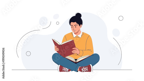 Young Man Reading Book Cross-Legged, Education, Knowledge, Studying, Learning, Lifestyle