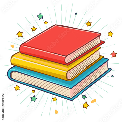 Colorful Stack of Books Cartoon with Stars Symbolizing Knowledge and Education