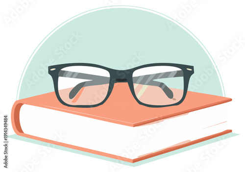 A pair of reading glasses resting on a closed book flat design vector illustration