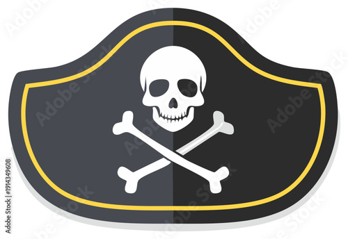 Pirate Skull and Crossbones Symbol Flat Illustration on Black Hat with Gold Trim