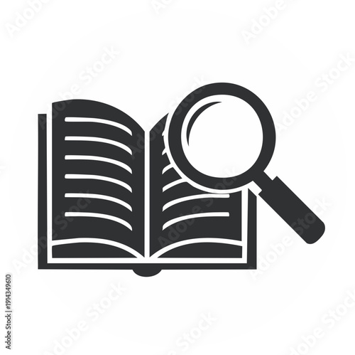 Black and white icon of a magnifying glass over an open book representing research, study, and information discovery.