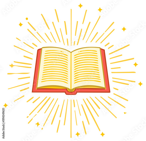 Magical open book radiating golden light and sparkling stars symbolizing knowledge and wisdom