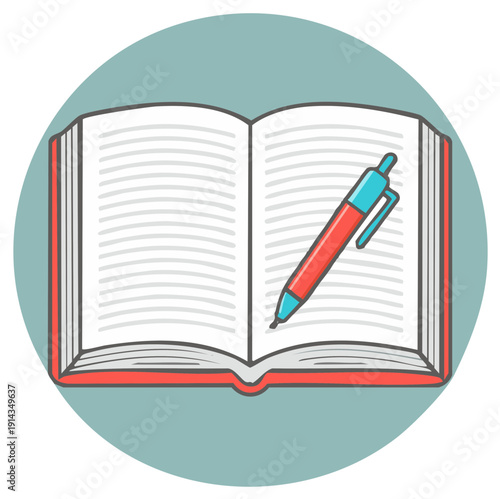 Open book with a red and blue pen, symbolizing education and writing