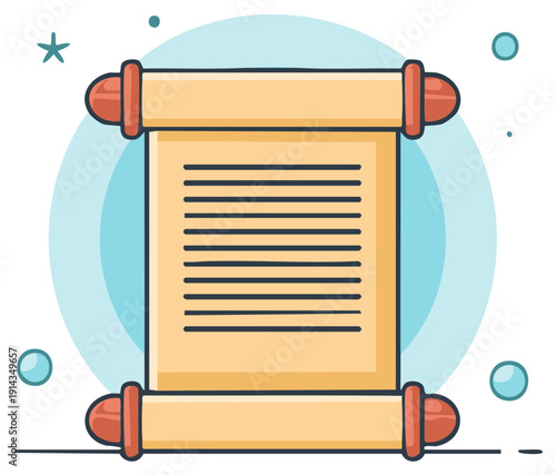 Cartoon illustration of an old parchment scroll with text for magic, history, or a fantasy quest