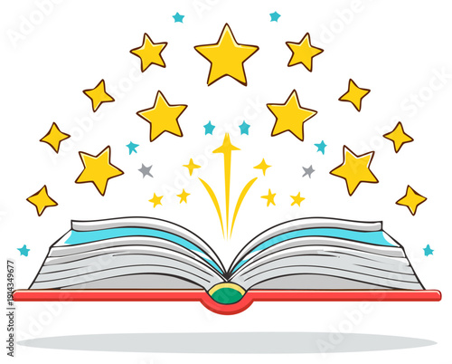 Cartoon open book with sparkling stars bursting out a magical light of knowledge and imagination