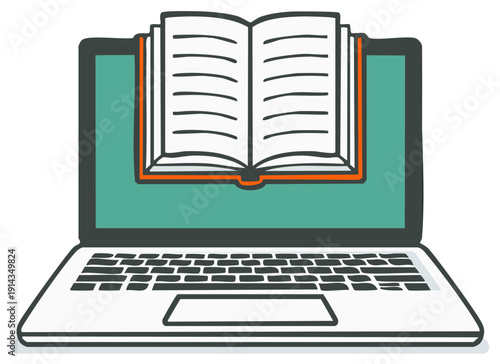 E-learning knowledge concept open book displayed on a modern laptop computer