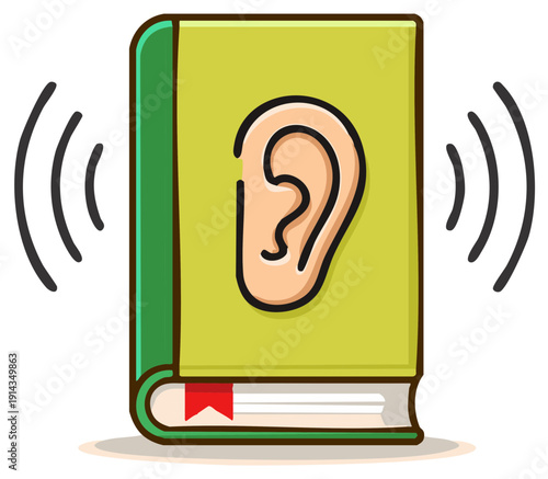 Audiobook Symbol with Ear and Soundwaves on Green Book Cover Illustration