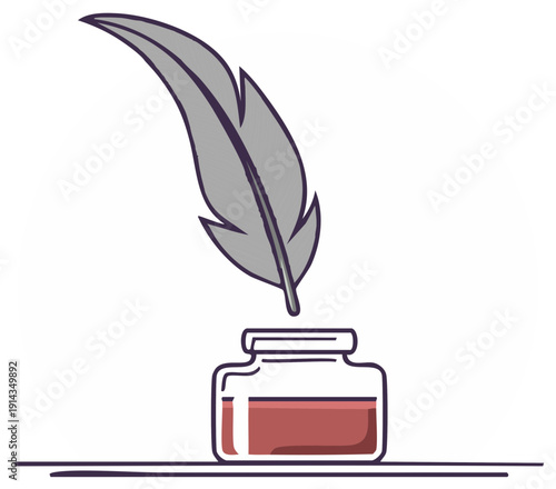 Vintage quill feather pen and inkwell icon for writing literature or poetry