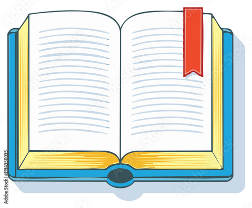 Open book with blank pages and red bookmark, illustration of knowledge and education, vector graphic