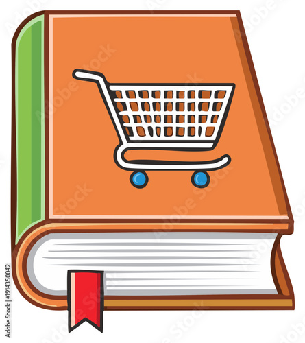 E-Commerce Guide Book with Shopping Cart Icon on Orange Cover and Red Bookmark
