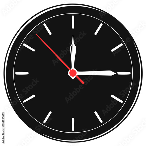 Close up of a black analog clock face with white hour markers and red second hand