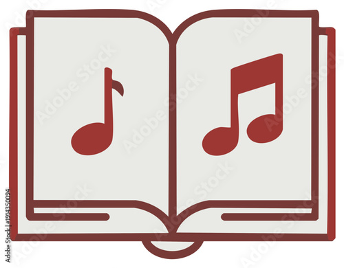 Open book graphic illustration with music notes symbols on pages for music education or lessons concept