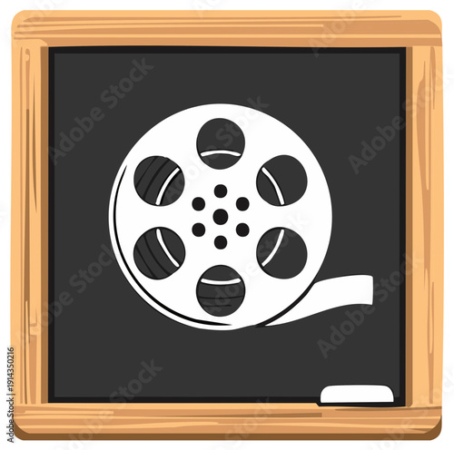 Vintage Movie Film Reel Icon on Traditional Dark Chalkboard with Chalk Piece