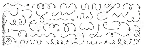 Squiggly comic arrows doodle set. Curve and Spiral symbols in sketch style. Hand drawn vector illustration isolated on white background