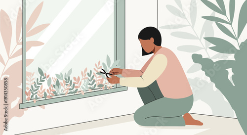 Woman Pruning Houseplants Near Window, Indoor Gardening, Cozy Apartment Life