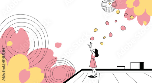 Woman Reaching for Falling Cherry Blossoms, Spring Celebration Illustration