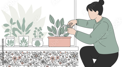 Woman Pruning Potted Plant on Windowsill with Floral Border