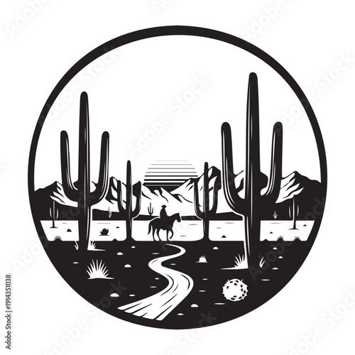 Wild West desert landscape silhouette with cactus and cowboy on horseback - t-shirt design.