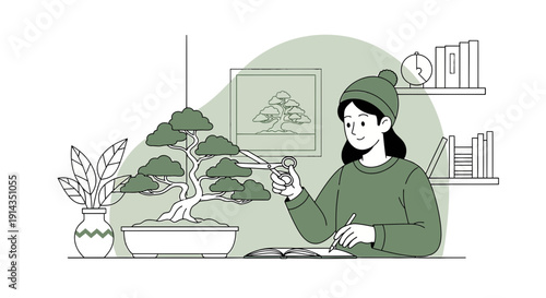 Woman Pruning Bonsai Tree at Desk, Indoor Hobby, Minimalist Illustration