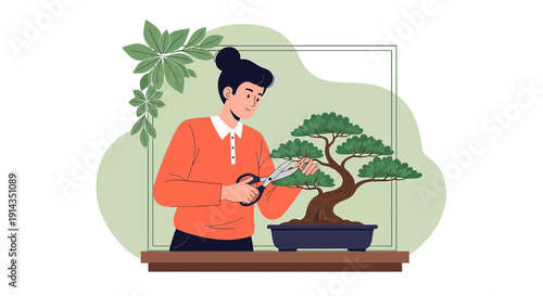 Woman Pruning Bonsai Tree, Hobby Gardening, Japanese Art, Indoor Plant Care