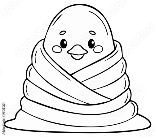 Cute cartoon baby bird swaddled in a cozy blanket black and white coloring page