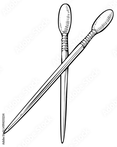 Two crossed makeup cosmetic brushes with soft tips in a vintage hand drawn illustration style