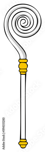 Cartoon illustration of a bishop's crosier with gold details, isolated.