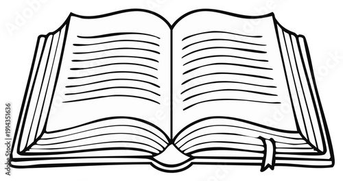 Open Book with Lined Pages and Bookmark, Black and White Line Art