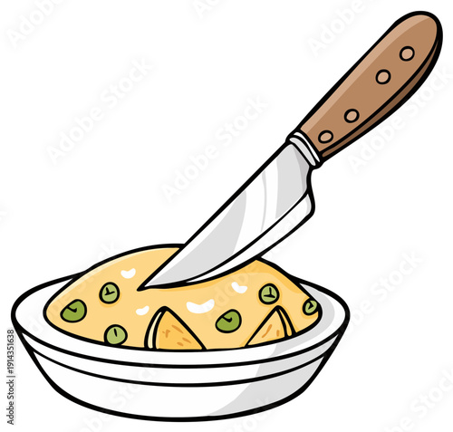 Whimsical cartoon graphic of a kitchen knife plunged into a warm bowl of creamy yellow food with green peas and triangular vegetable pieces