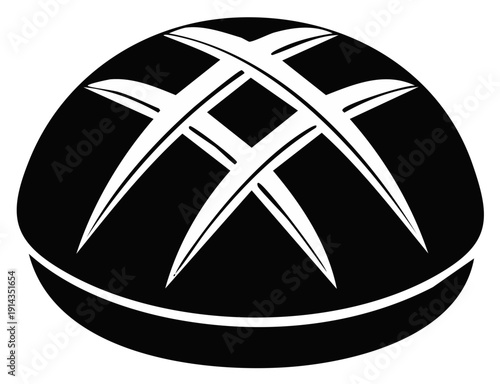 Artisan bread loaf with crisscross cuts detailed black and white illustration