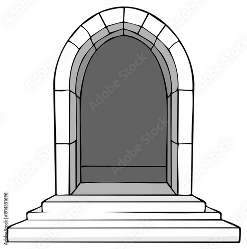 Gothic stone archway vector illustration with steps and dark entrance